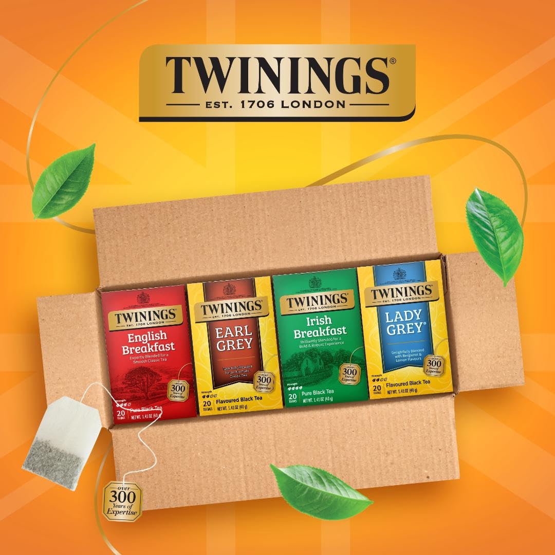Twinings Variety Pack Black Tea Bags, Includes English Breakfast, Earl Grey, Irish Breakfast, & Lady Grey, Caffeinated Black Tea Bags, 20 Count (Pack Of 4), Enjoy Hot Or Iced