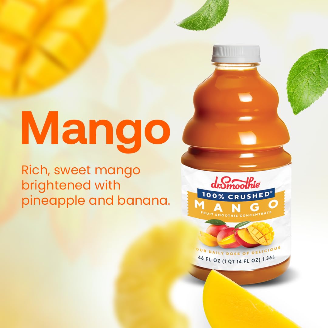 Dr. Smoothie 100% Crushed Mango – No Added Sugar, Made With Real Fruits/Fruit Juice – Vegan, No Artificial Colors Or Flavors – Sweet Mango With A Hint Of Pineapple & Banana – 46 Oz Bottle