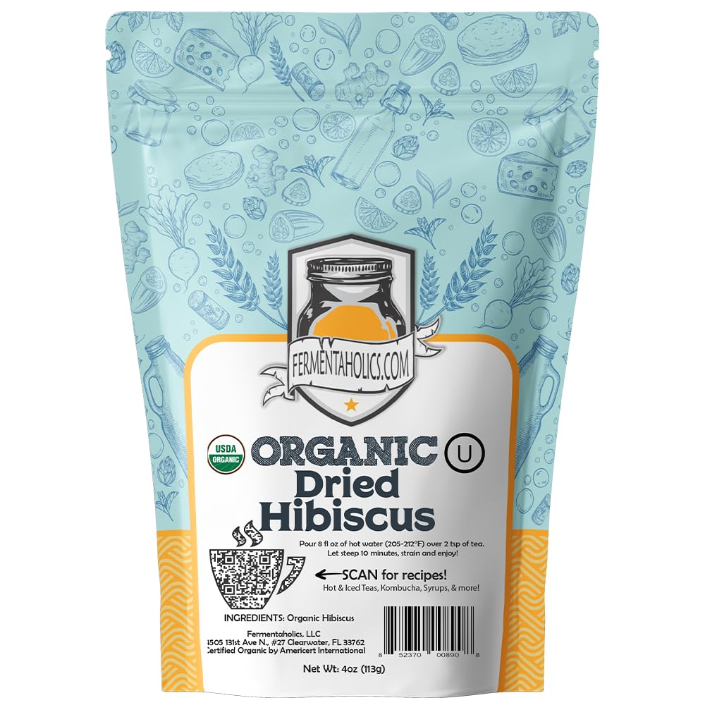 Fermentaholics Organic Dried Hibiscus Flowers - 4oz Pack for Kombucha Brewing