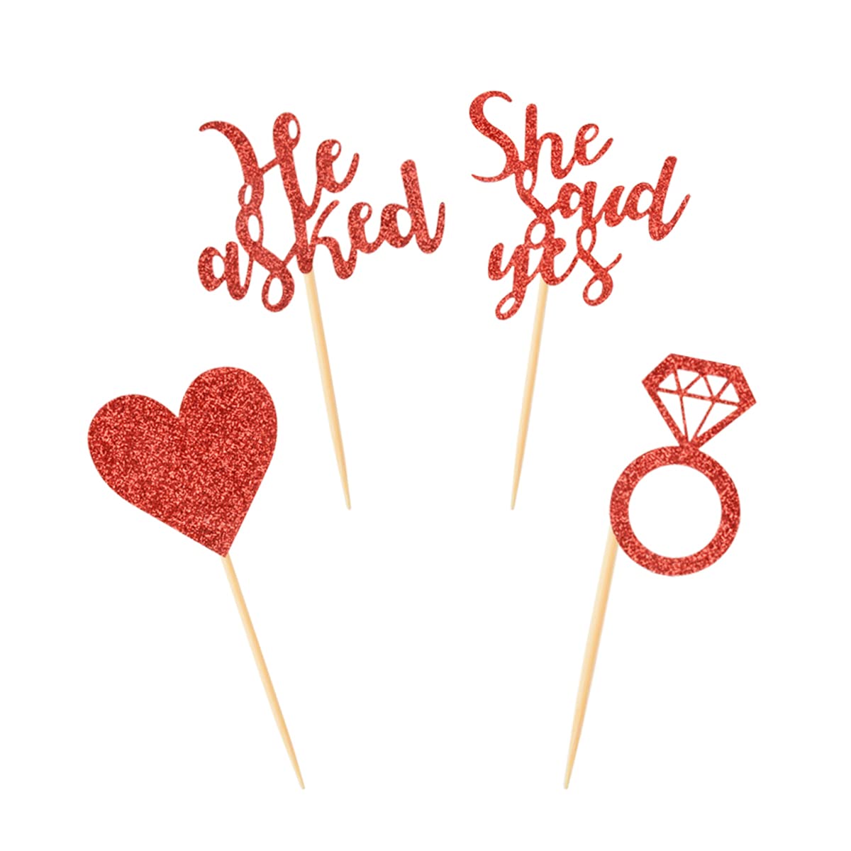 Donoter 24 Pieces Red Glitter Engagement Cupcake Toppers He Asked She Said Yes Diamond Ring Heart Cupcake Picks For Wedding Brid