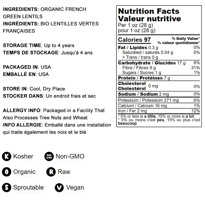 Food to Live Organic French Green Lentils, 20 Pounds - Non-GMO, Whole Dry Beans, Raw, Sproutable, Vegan, Kosher. Rich in Folate,