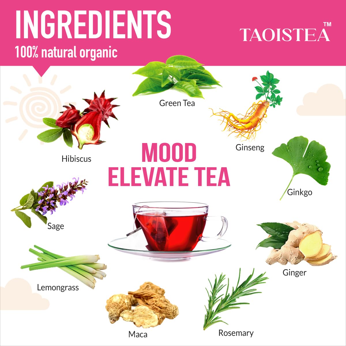 TAOISTEA Mood Elevate Tea, Energizing Herbal Blend with Ginseng, Green Tea & Ginkgo - 14 Bags, 1 Count