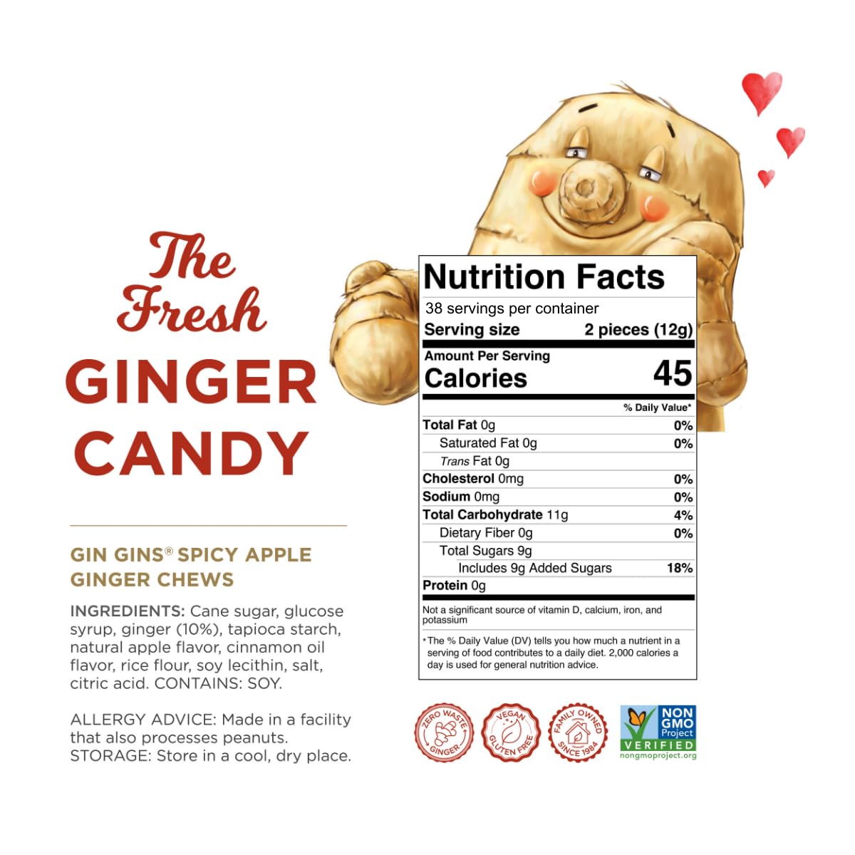 The Ginger People GIN GINS Spicy Apple Ginger Chews - Natural Ginger Candy - 1 lb Bag - Individually Wrapped