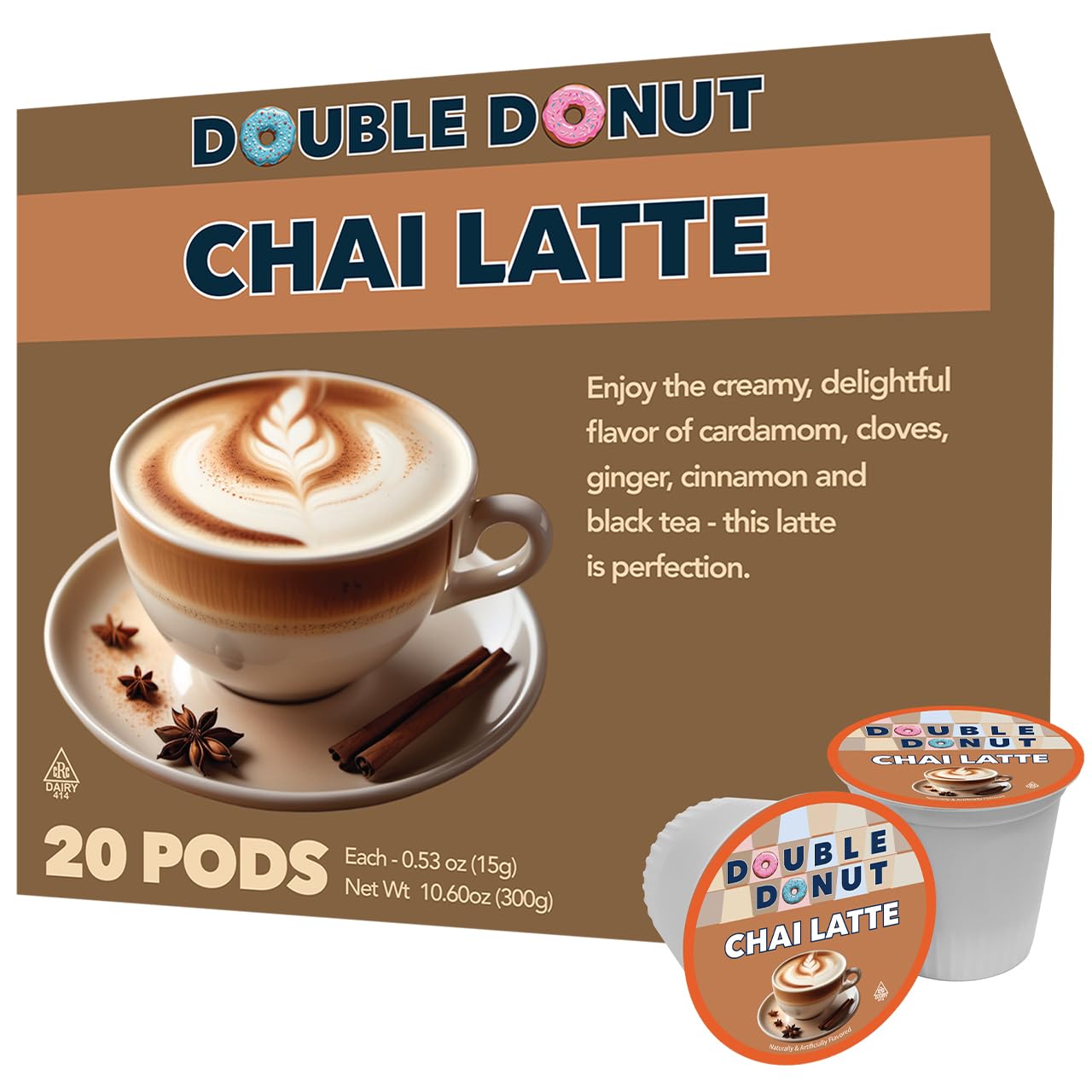 Double Donut Coffee Chai Latte Pods – Spiced & Creamy – 20 Count Compatible with Keurig Brewers