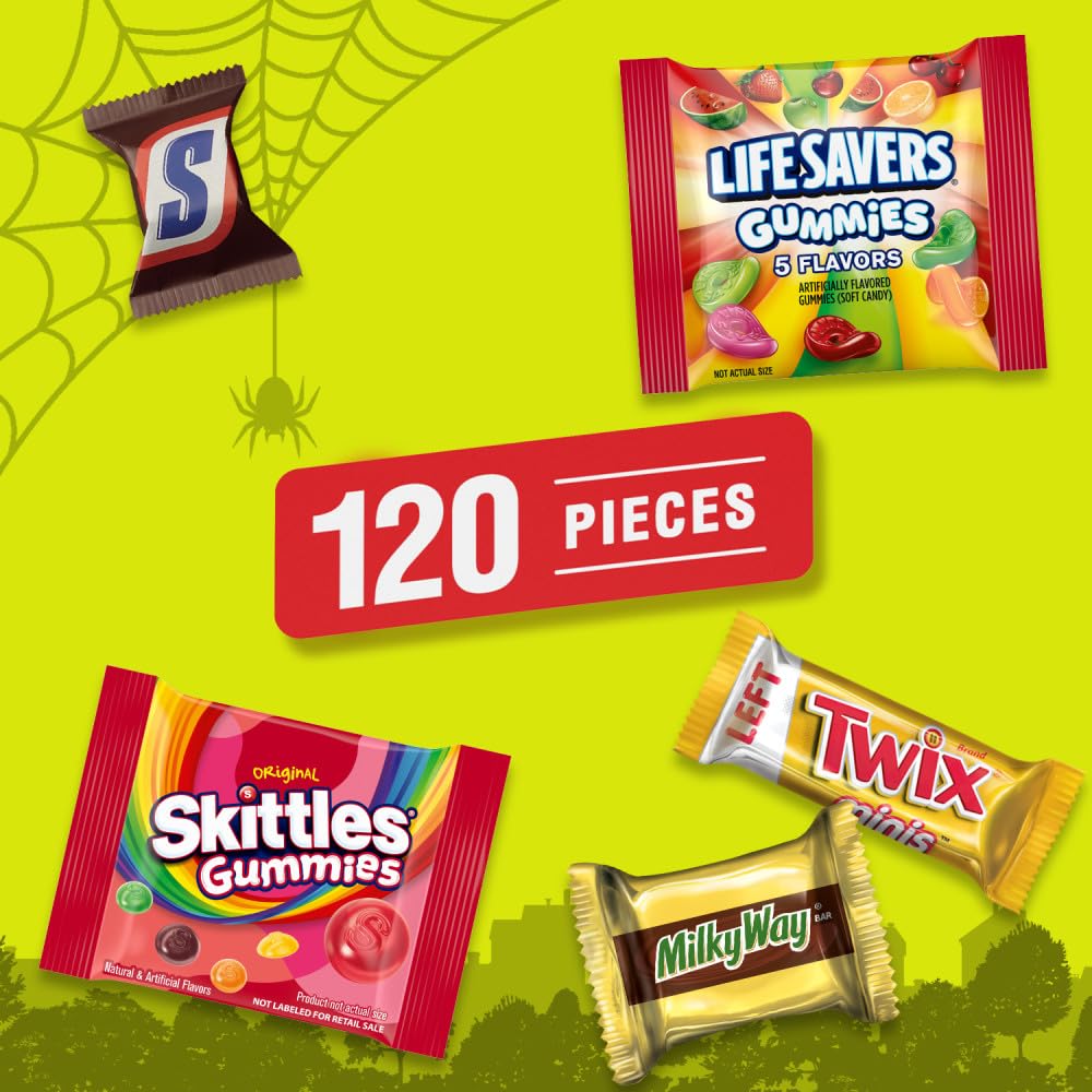 Mars Halloween Candy Variety Pack - SNICKERS Minis, SKITTLES Gummies, LIFE SAVERS Gummies, MILKY WAY Minis & TWIX Minis - 120 pcs Bulk Bag