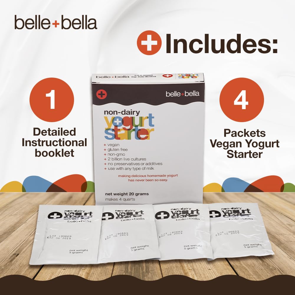 Belle + Bella Non-Dairy Vegan Yogurt Starter - Gluten Free, No Added Sugar, Non Gmo - Makes 4 Quarts Vegan Yogurt - 2 Billion Live Cultures - Mix With Any Dairy Free Or Dairy Milk - 1 Box