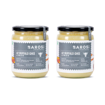 Barosi A2 Buffalo Ghee 1 Litre (Pack Of 2 * 500Ml) | Churned With Bilona Method | Pure & Aromatic Desi Ghee | Farm Made In Small Batches | Glass Jar Packing