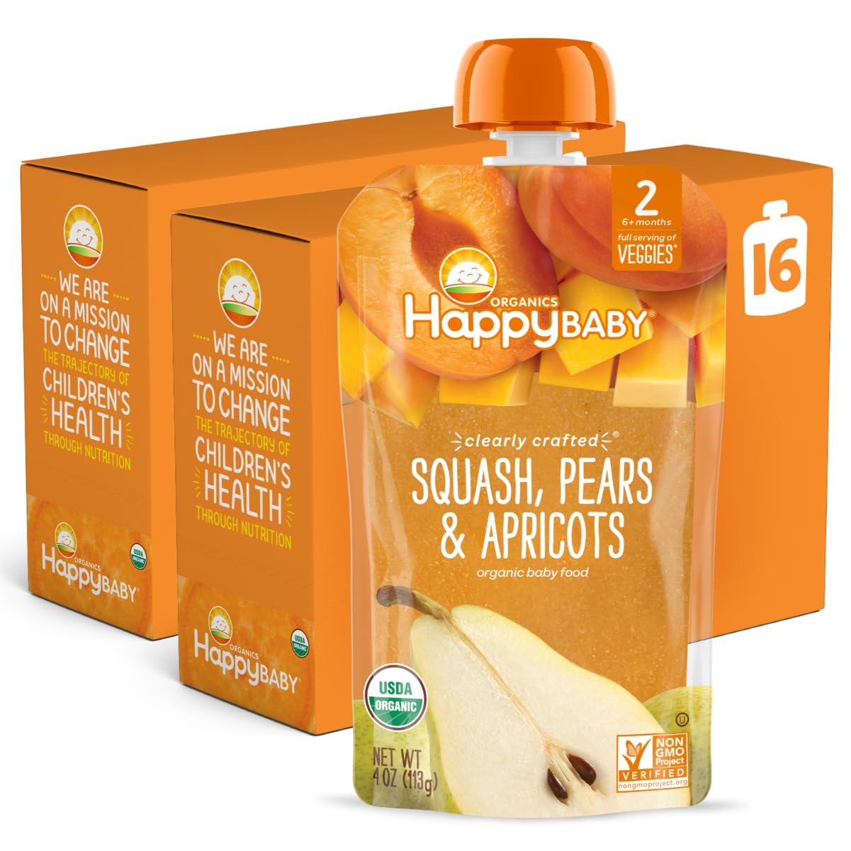 Happy Baby Organics Stage 2 Baby Food Pouches, Gluten Free, Vegan & Healthy Snack, Clearly Crafted Fruit Puree, Squash, Pears & 