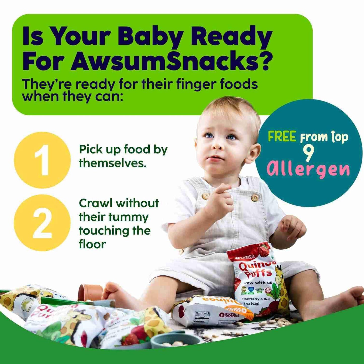 Awsum Snacks Organic Quinoa Puffs For Kids - Happy Healthy Food - Puffed Quinoa - Vegan Kosher Gluten Free - Non-Allergy - No Ad