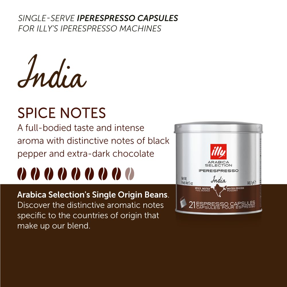 illy Coffee Arabica S  India Espresso compact pieces, Dark Roast, 21 Count, Model 48798