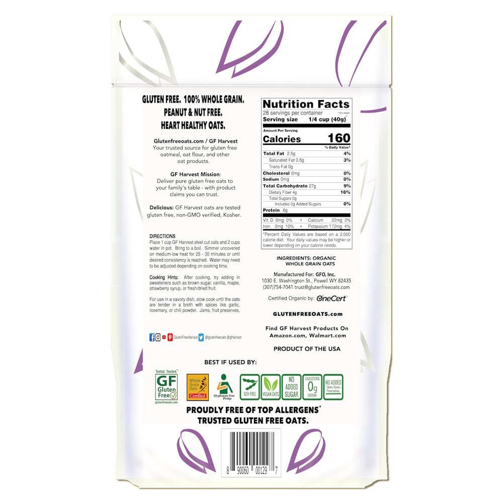 Gf Harvest Gluten Free Organic Whole Grain Steel Cut Oats, 40 Ounce Bag