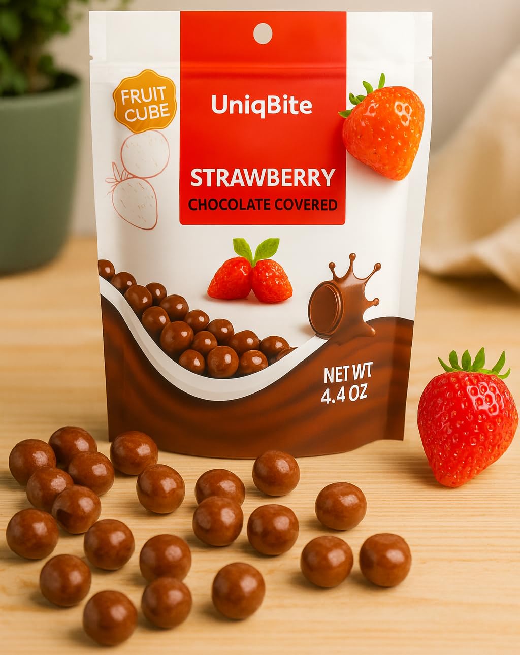 Milk Chocolate Covered Strawberry Cubes  4.4 Oz (125G)  Strawberry Chocolate Dragee  Resealable Bag