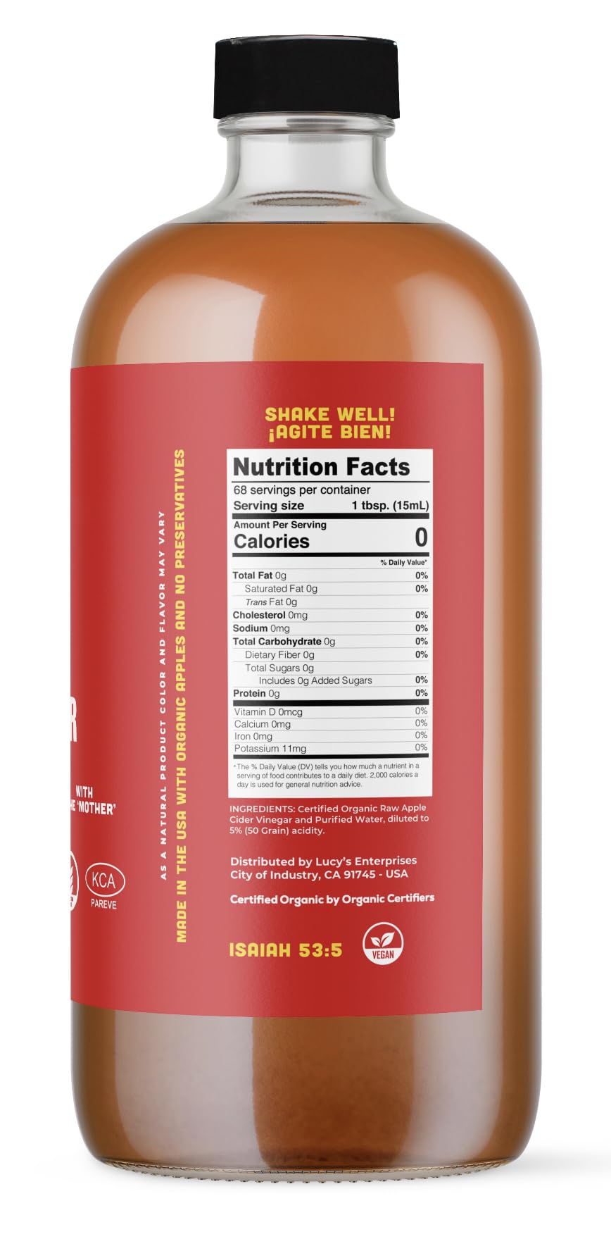 Lucys Organic Raw Apple Cider Vinegar, Unfiltered, 34oz Glass Bottle (2 Pack)