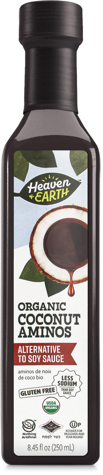 Heaven & Earth Organic Coconut Aminos, 8.4 oz | Soy Free | Paleo Friendly | Low Sodium | Soy Sauce Replacement | Kosher (Includi
