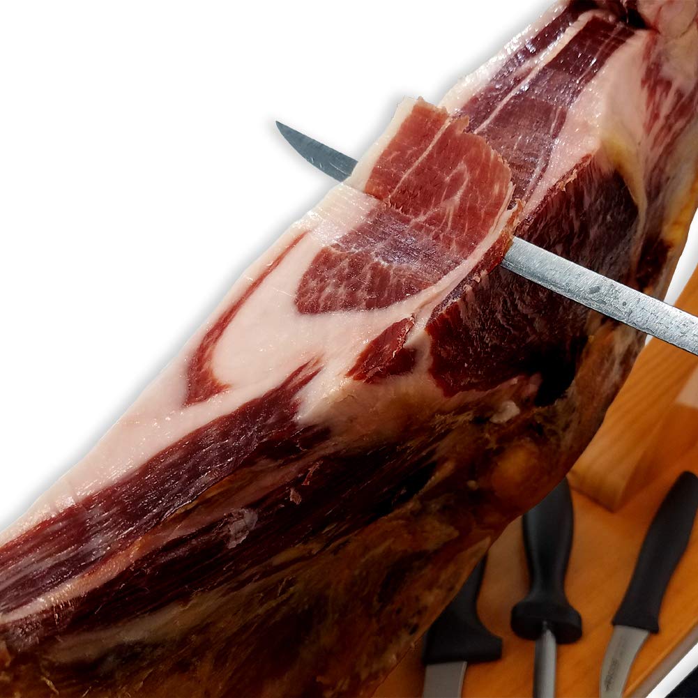 Blázquez Iberico Ham Shoulder 15 Months Cured, 50% Iberico Breed, 13 lbs, 5 Piece Set with Ham Holder & Carving cutting too