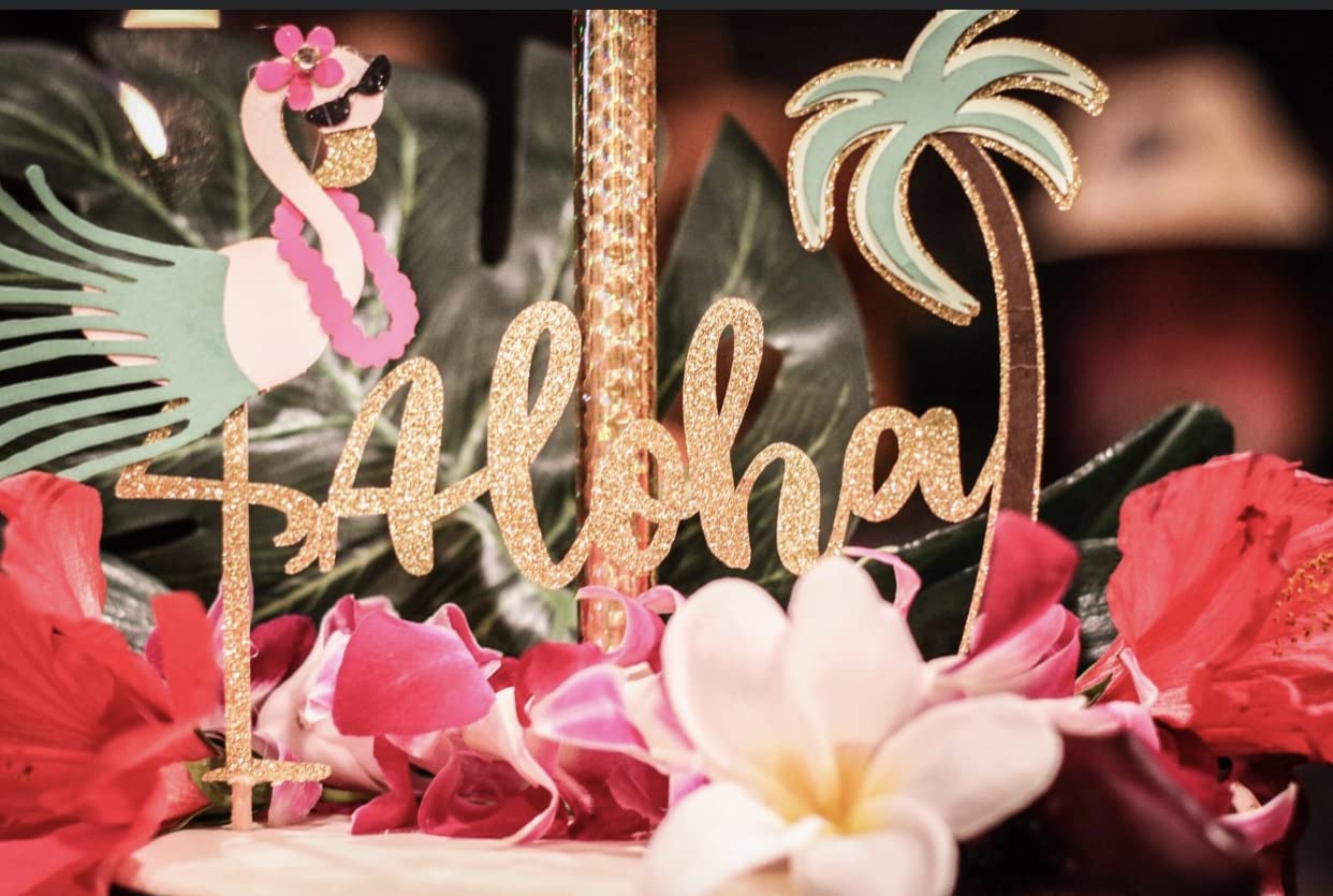 Laventy 2 Pcs Glitter Aloha Cake Topper Flamingo Cake Toppers Flamingo Happy Birthday Cake Decoration Tropical Hawaiian Luau The