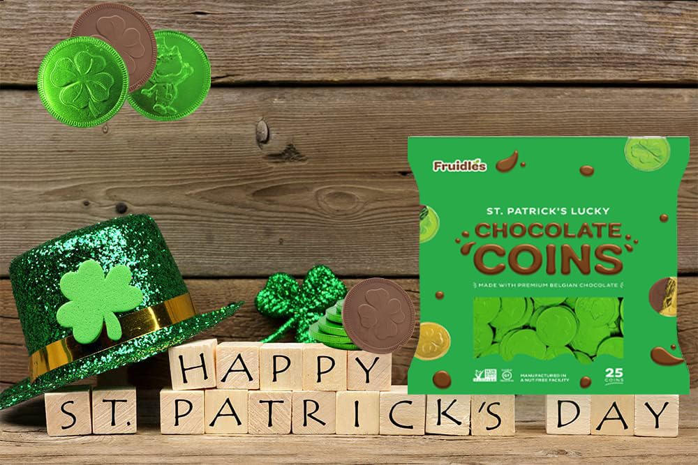 Fruidles Saint Patricks Day Clover Shamrock Green Coins, Nut-Free Candy, Kosher, 25-Pack