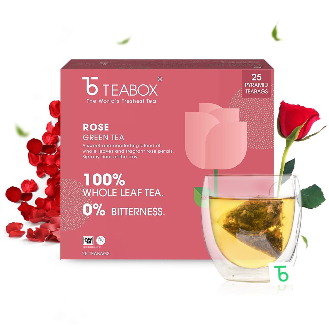 Teabox Enhanced Darjeeling Green Tea With Natural Rose Petals |100% Whole Leaf & 0% Bitterness | Green Tea From The Himalayas | 25 Tea Bags (Low Caffeine)