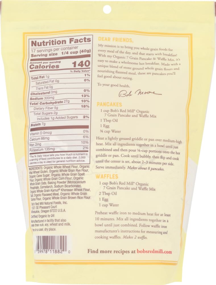 Bob s Red Mill Organic 7 Grain Pancake & Waffle Mix 24 oz (Two Pack) - Multigrain Organic Pancake and Waffle Mix - Double Pack