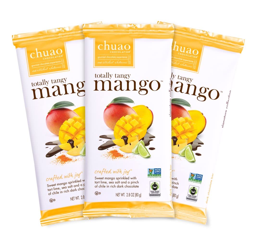 Chuao Chocolatier Totally Tangy Mango Gourmet Dark Chocolate Bars | Chile Lime Mango No Preservatives | For Gift Baskets, Christmas, Valentines, Birthday, Care Package | 3 Pack