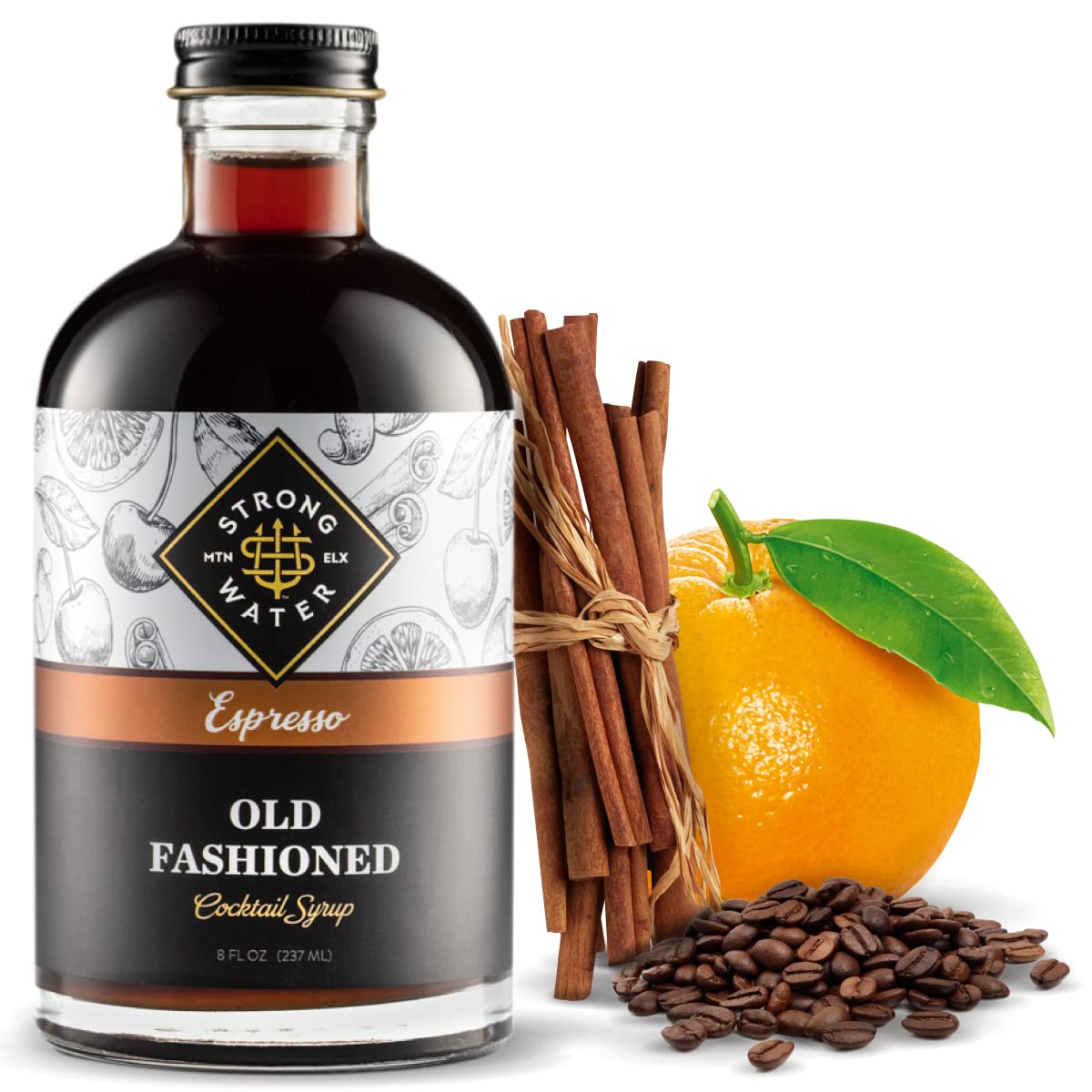 Strongwater Espresso Old Fashioned Cocktail Mixer - Handcrafted Syrup with Coffee, Cinnamon & Cherry - 8 Fl Oz - Model 1011