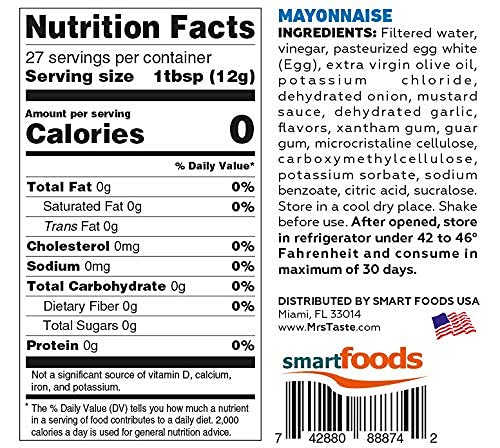 Mrs Taste Sugar Free Mayo, Zero Calories, Zero Sodium, Zero Sugar, High Fiber, Keto Friendly, Paleo Friendly, Condiments And Sau