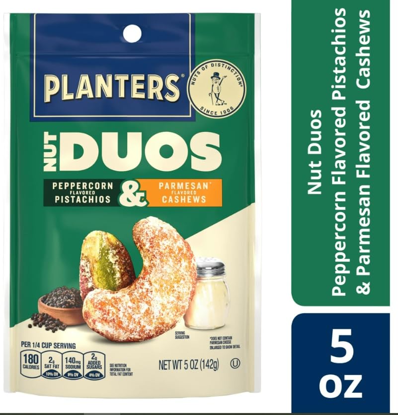 Plantars Nut Duos Peppercorn Pistachio And Parmesan Flavored Cashew, 5 Oz Resealable Bag