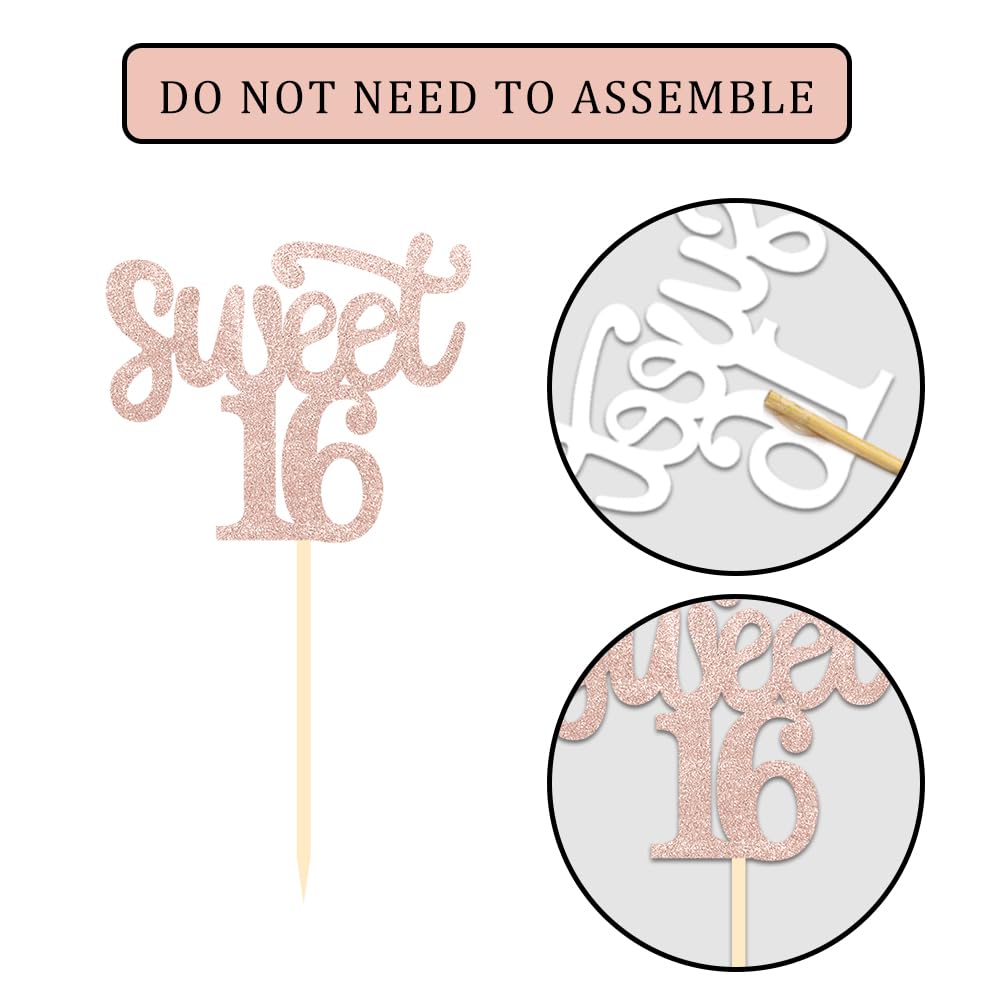Partico 24 Pcs Cupcake Toppers, Sweet 16 Rose Gold Glitter Decorations, Paper, for 16th Birthday Party