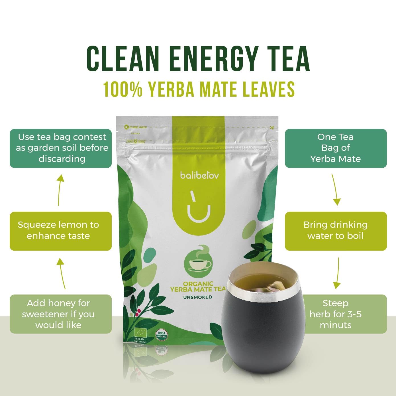 BALIBETOV Organic Unsmoked Yerba Mate Tea Bags - 100 Count  Traditional Cut  Clean Natural Energy  Gluten-Free & Vegan  Enjoy Hot or Cold