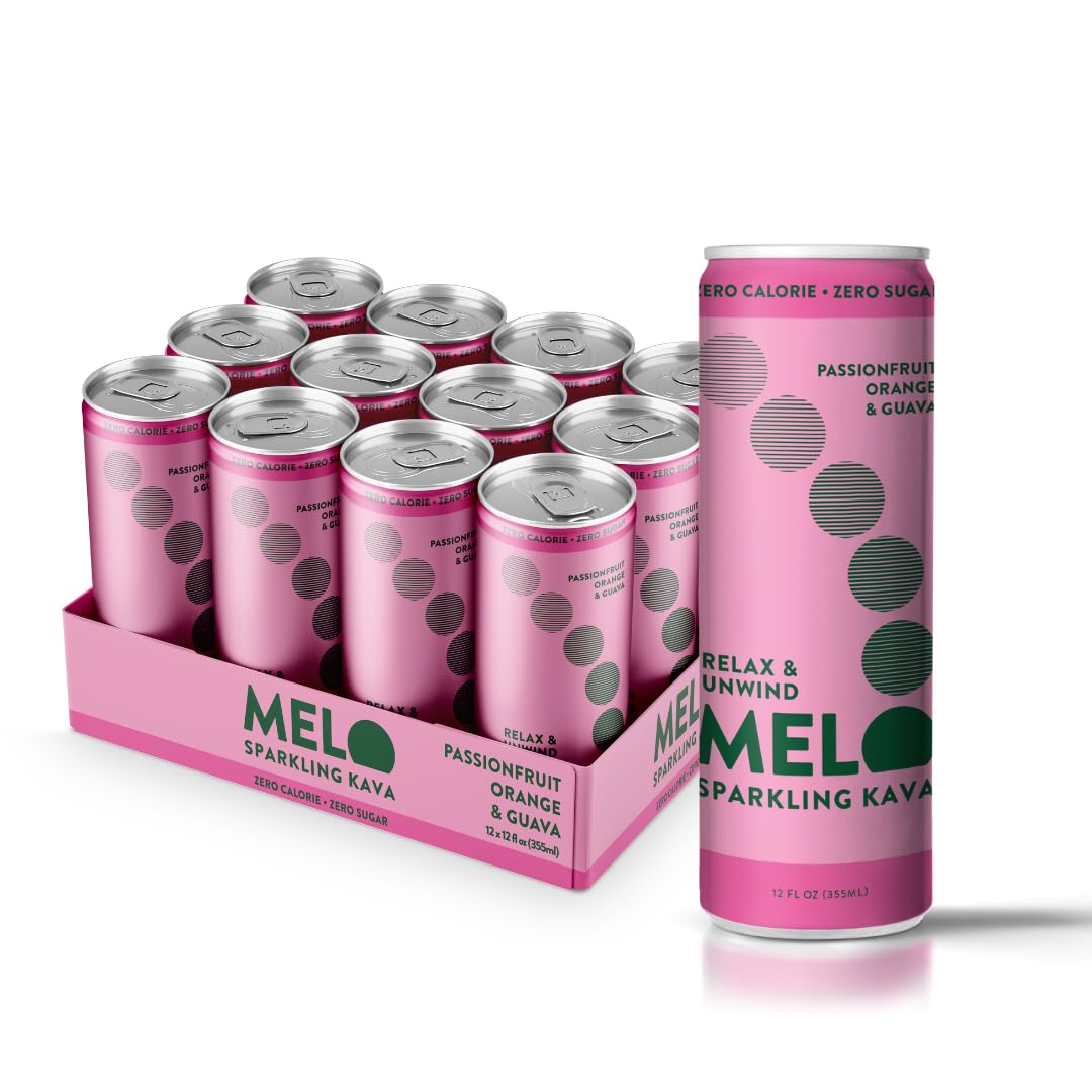 Melo Sparkling Kava Drink  Passionfruit  Orange & Guava  Sugar Free Non Beverage-Style Drinks With Zero Calories  Gluten Free  Vegan  100% Natural Mocktail With 750Mg Kava Root Per Drink  12 Pack  12 Oz Cans