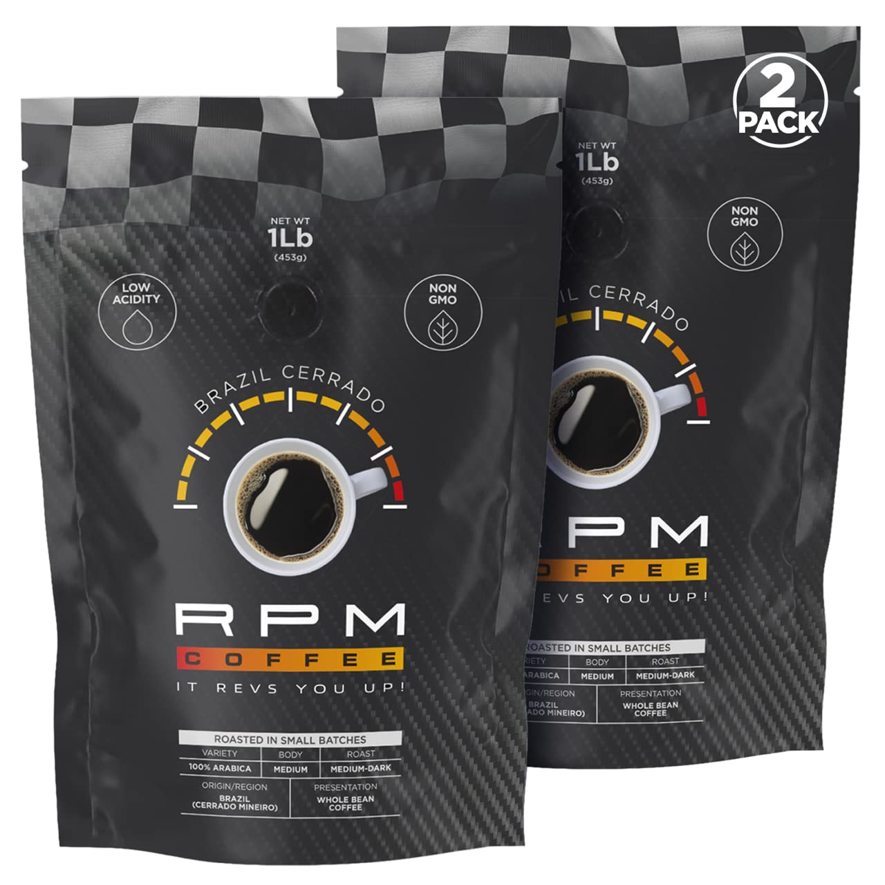 RPM Coffee 2LB Brazil Cerrado Premium Coffee, Medium-Dark Roast, 100% Arabica Beans, Low Acidity, 16 Ounce (Pack of 2)