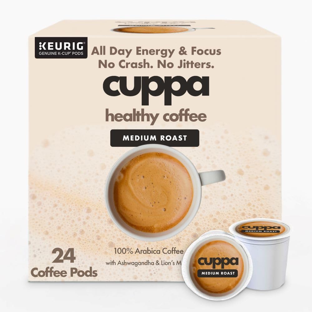 Cuppa Healthy Mushroom Coffee Single Serve Pods (K-Cups) With LionS Mane & Ashwagandha For All Day Energy & Focus - No Crash Or Jitters - Nootropics For Brain Health  Gut Health  Immunity  Stress  Memory + Mood - 24 Servings