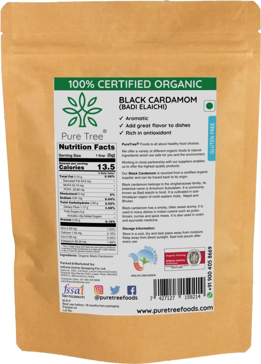 Pure Tree Certified Organic Black Cardamom Whole | 50 G | Badi Elaichi Indian Spice | Moti Elaichi Organic Adds Aroma And Flavou