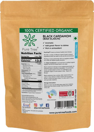 Pure Tree Certified Organic Black Cardamom Whole | 50 G | Badi Elaichi Indian Spice | Moti Elaichi Organic Adds Aroma And Flavou