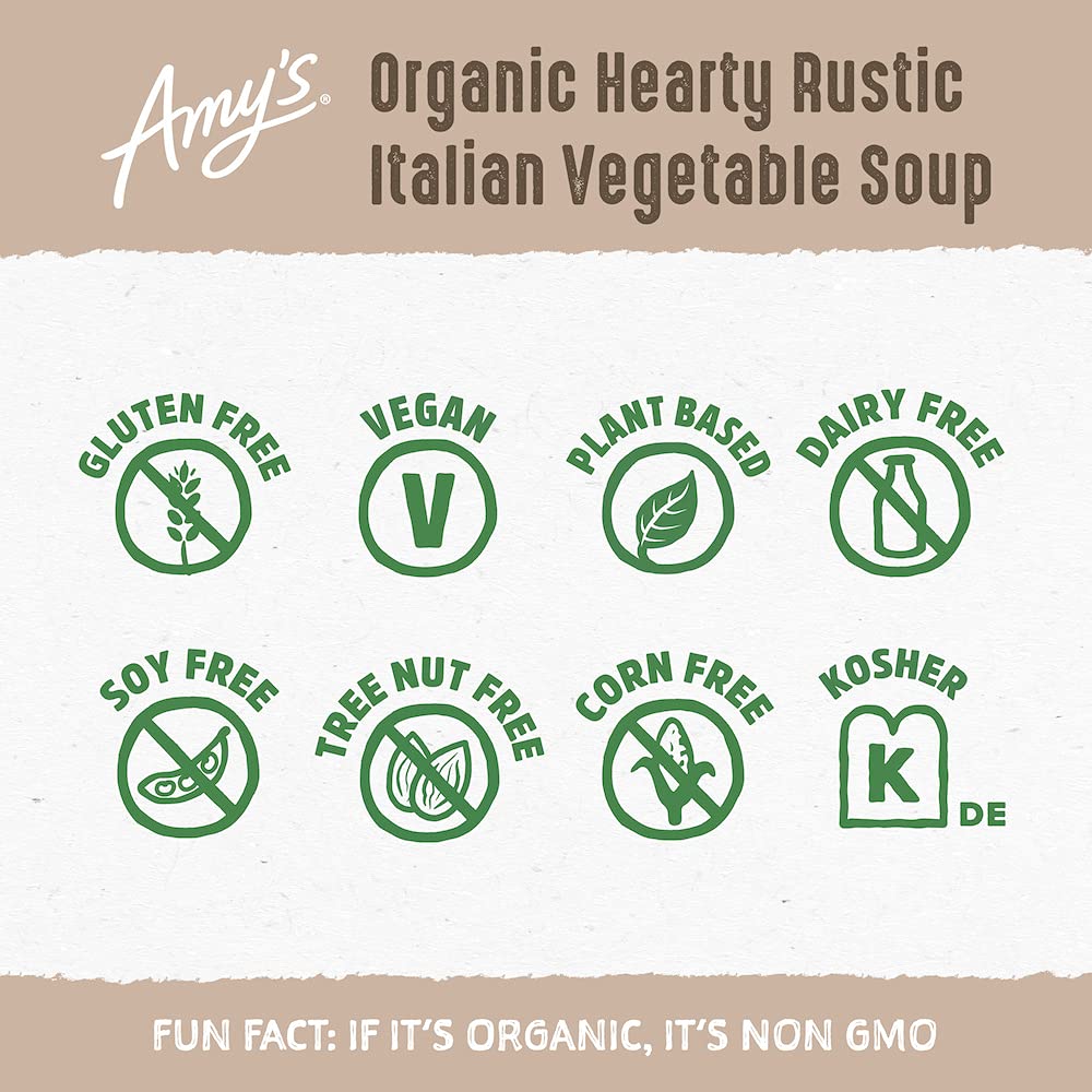Amys Soup, Vegan Hearty Rustic Italian Vegetable Soup, Gluten Free, Made With Organic Beans and Rice, Canned Soup, 14 Oz (12 Pac