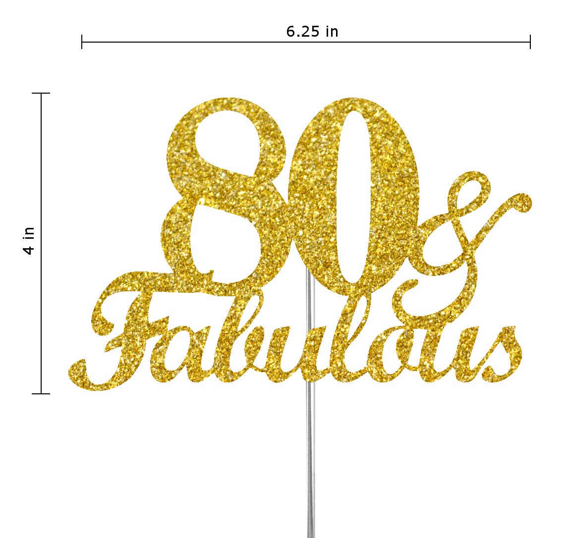 RokAPary 80 & Fabulous Cake Topper, Gold Glitter, Doubled Sided, Acrylic Stick, 80th Birthday Decoration
