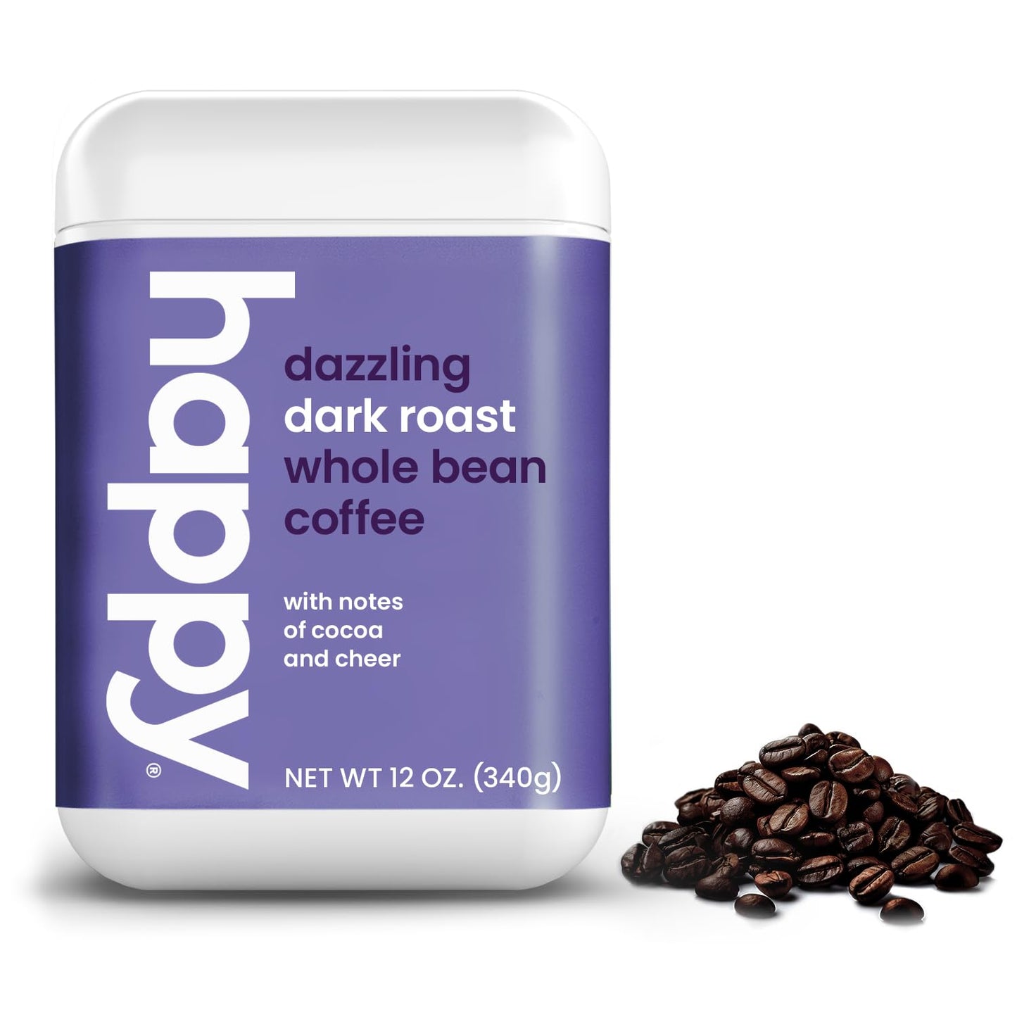 Happy Coffee Dark Roast Whole Bean Coffee, 12 Oz., Notes Of Cocoa & Cheer, Recyclable Container, Grown & Harvested In Rwanda, Colombia & Brazil