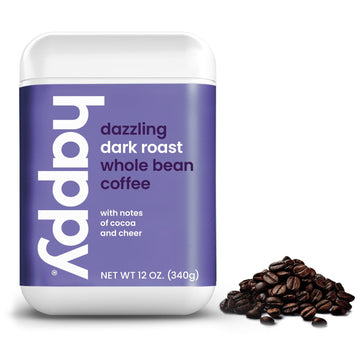 Happy Coffee Dark Roast Whole Bean Coffee, 12 Oz., Notes Of Cocoa & Cheer, Recyclable Container, Grown & Harvested In Rwanda, Colombia & Brazil