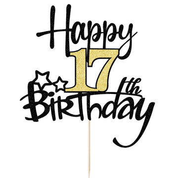 Kaoenla Black Gold Glitter Happy 17Th Birthday Cake Topper - Hello 17/Cheers17,Happy Seventeen Birthday Anniversary,17 Years Old
