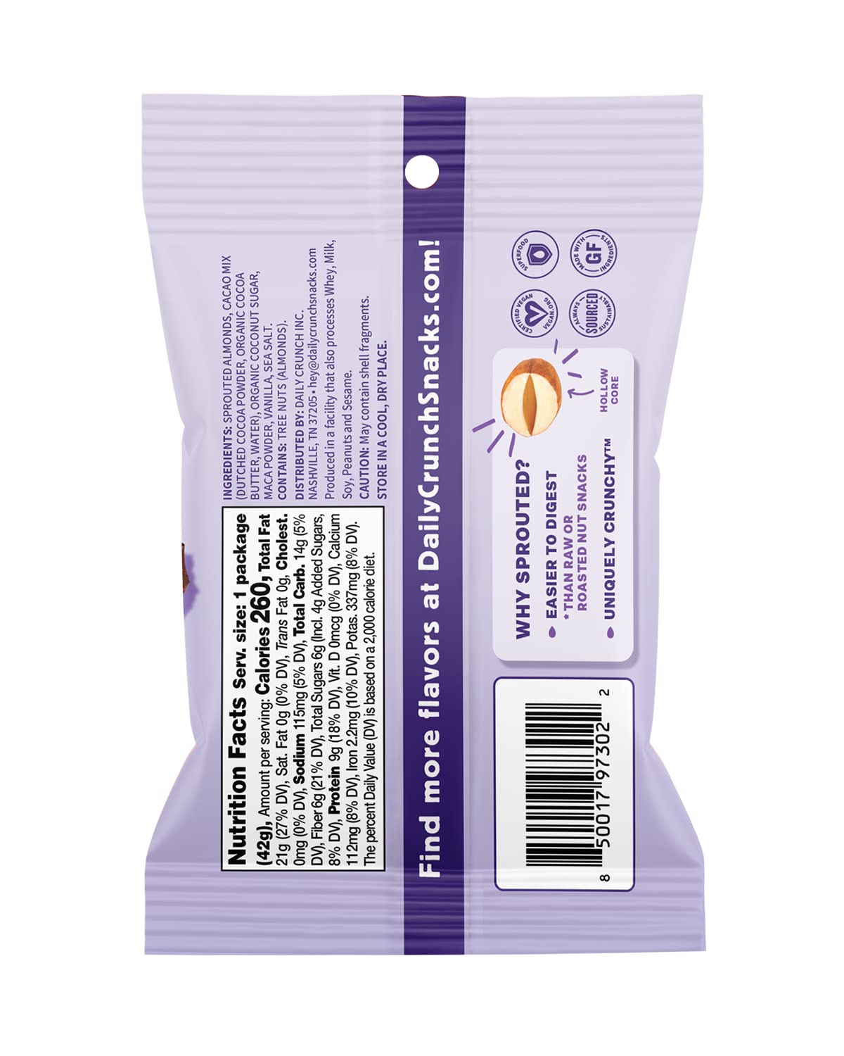 Daily Crunch, Cacao And Sea Salt Sprouted Almond, Minis (1.5Oz, Pack Of 8)- Sprouted And Dehydrated For A Unique Crunch, Keto Fr