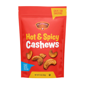Platinum’S Hot & Spicy Cashews - Plant Based Protein, Fiber, Healthy Snack - Hot & Spicy Flavor - Nutritional Boost - Can Bring At Home, Work, Office, Gym & School - 11 Oz Individual & Resealable Pouch