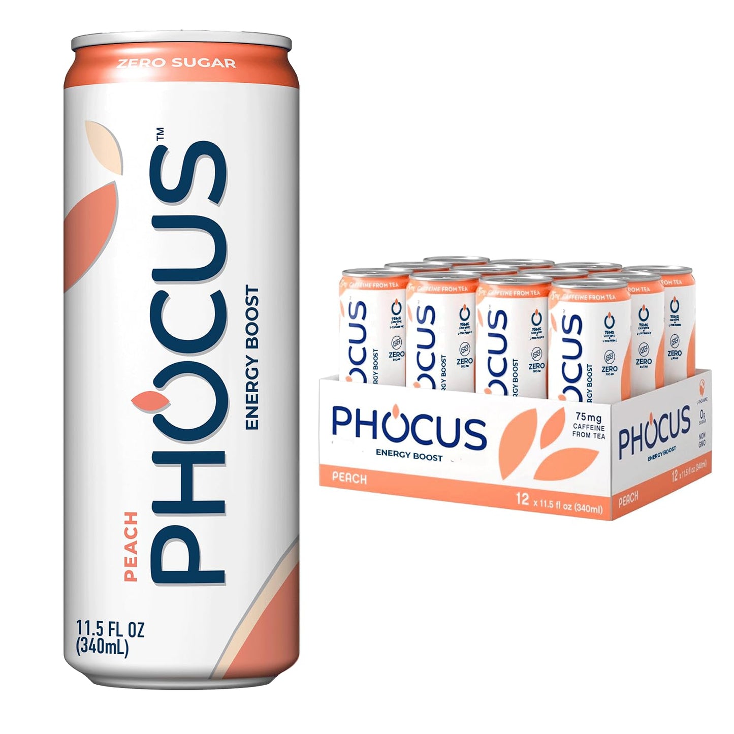 PHOCUS Energy Drink  Peach Sparkling Water  75mg Natural Caffeine Plus L-Theanine  Zero Sugar  Zero Calories  No Artificial Sweeteners  11.5 fl oz Cans (Pack of 12)