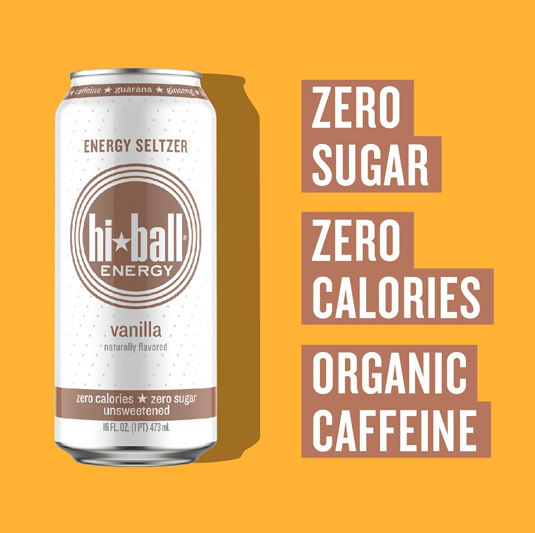 Hiball Energy Seltzer Water, Caffeinated Vanilla Sparkling Water with Vitamins B12 & B6, Sugar Free, 16 Fl Oz (Pack of 8)