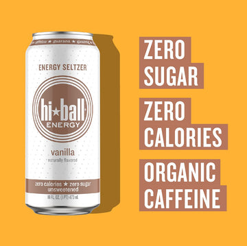 Hiball Energy Seltzer Water, Caffeinated Vanilla Sparkling Water with Vitamins B12 & B6, Sugar Free, 16 Fl Oz (Pack of 8)