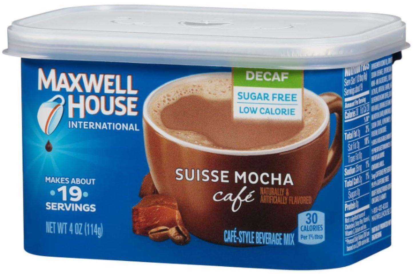 Maxwell House International Sugar-Free Decaf Suisse Mocha Beverage Mix, 4 Oz Tub, 4 Pack, 2 Packages (4 Tubs)