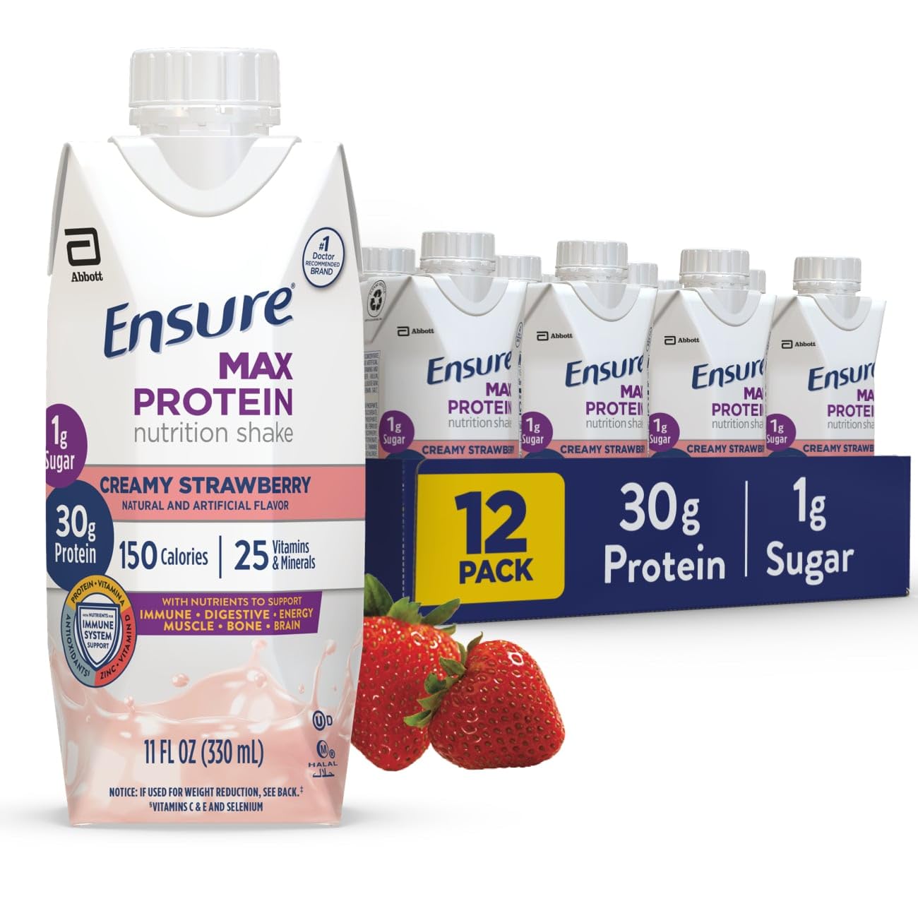 Ensure Max Protein Shake - Creamy Strawberry, 30g Protein, 1g Sugar, 4g Fiber, 11 Fl Oz, Pack of 12