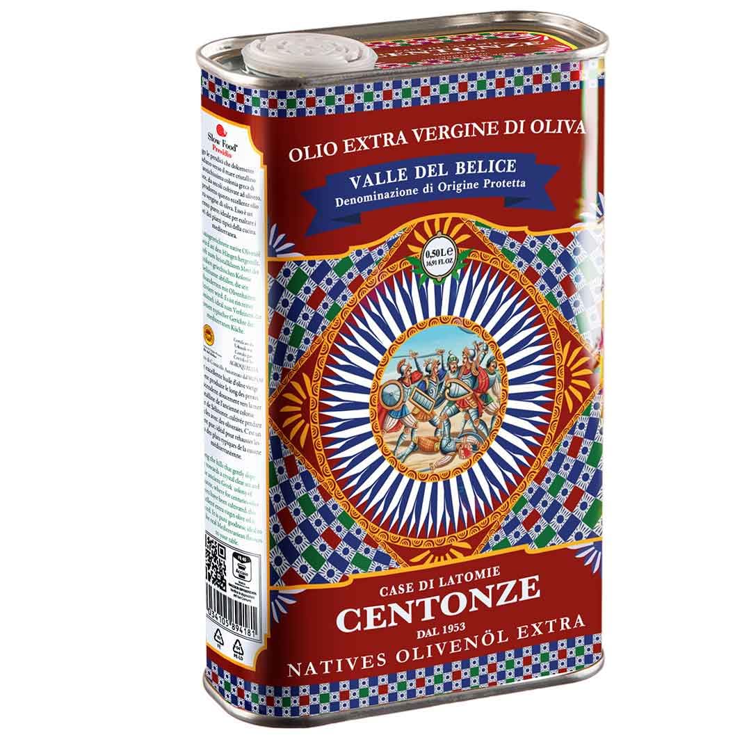 Centonze Extra Virgin Olive Oil, Iconic Tin, 500ml / 16.9oz, Dark, D.O.P. Valle del Belice