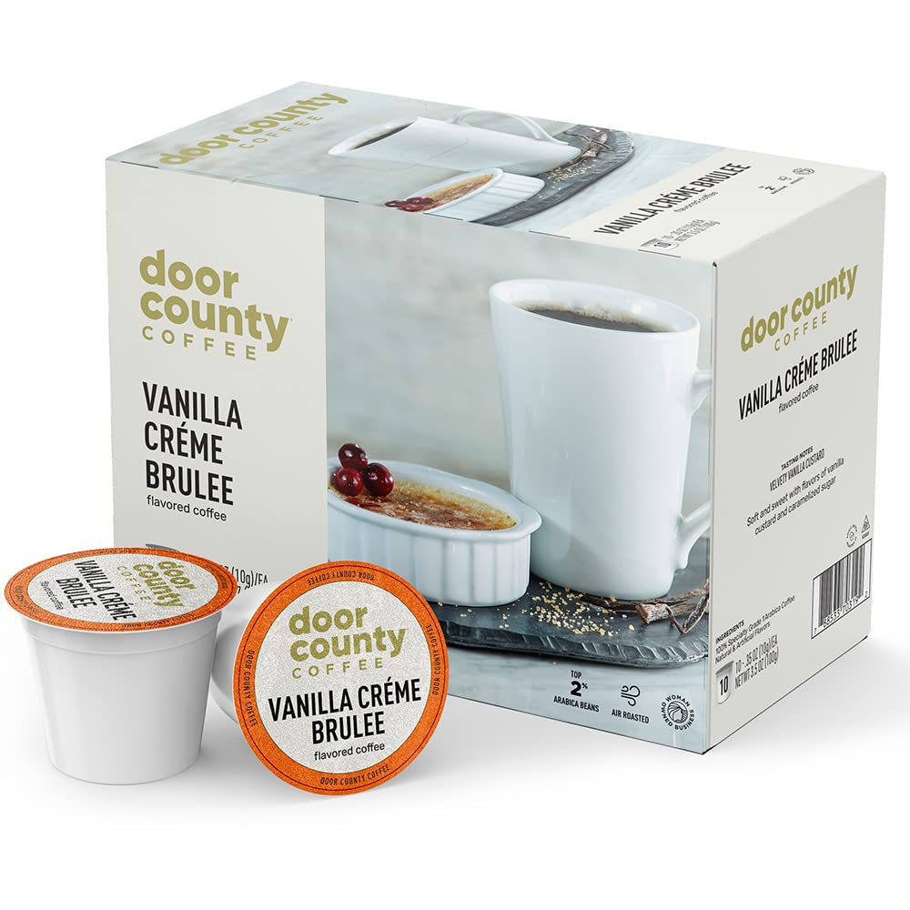 Door County Coffee - Vanilla Creme Brulee, Vanilla And Cream Flavored Ground Coffee - Medium Roast, Single Serve Cups - 10 Count