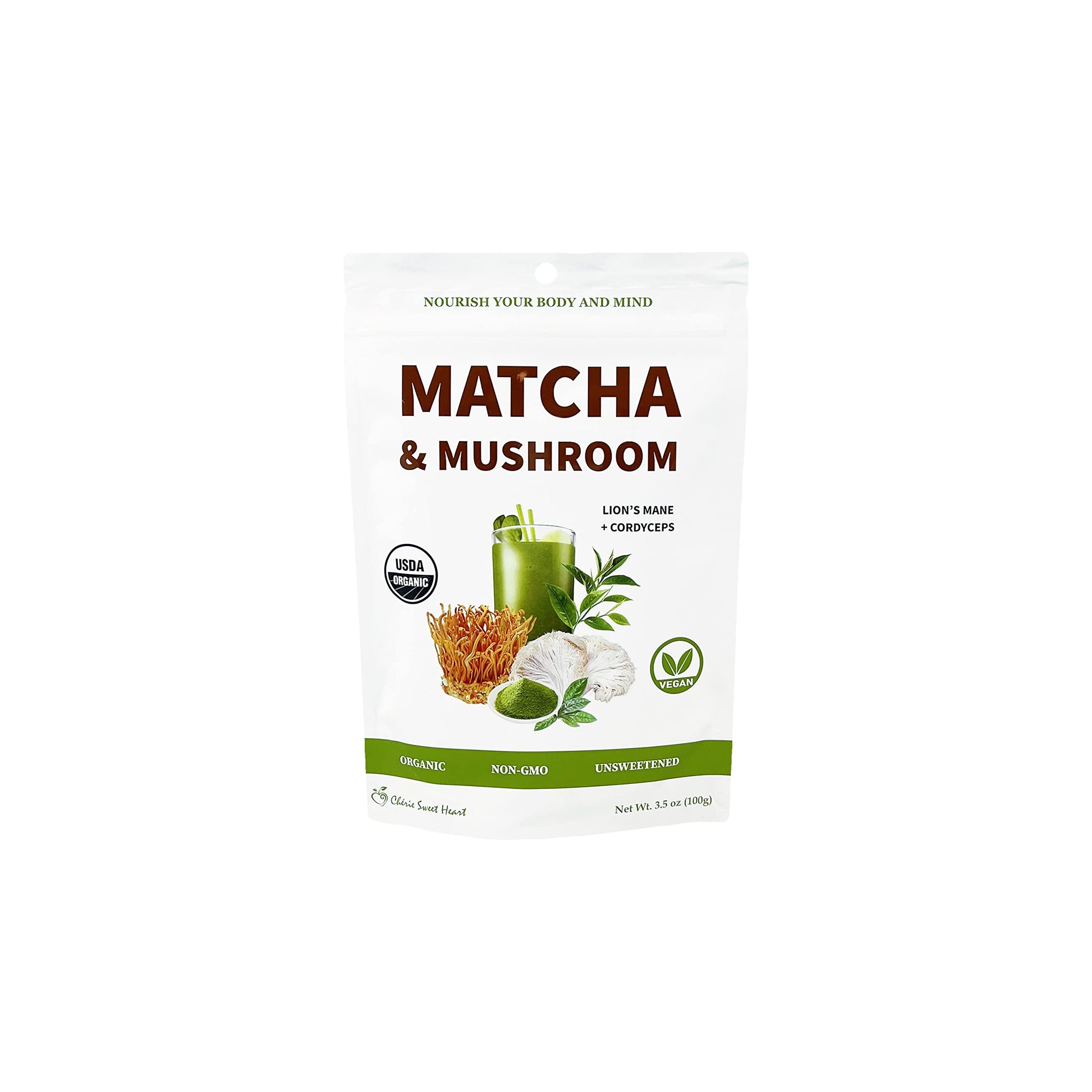 Cherie Sweet Heart Matcha & Mushroom, Organic Matcha Latte Powder Drink Mix, Great Substitute for Coffee, Non-GMO, Vegan, Gluten