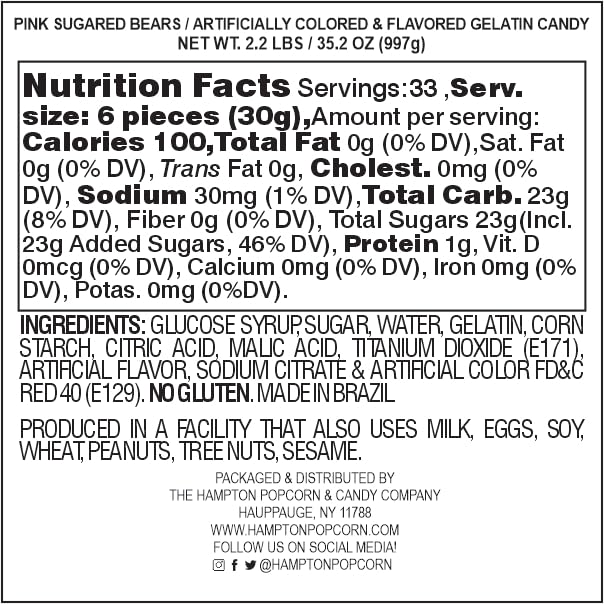 The Hampton Popcorn Company Pink Gummy Bears, Strawberry Flavored, 2.2 Pound Bag